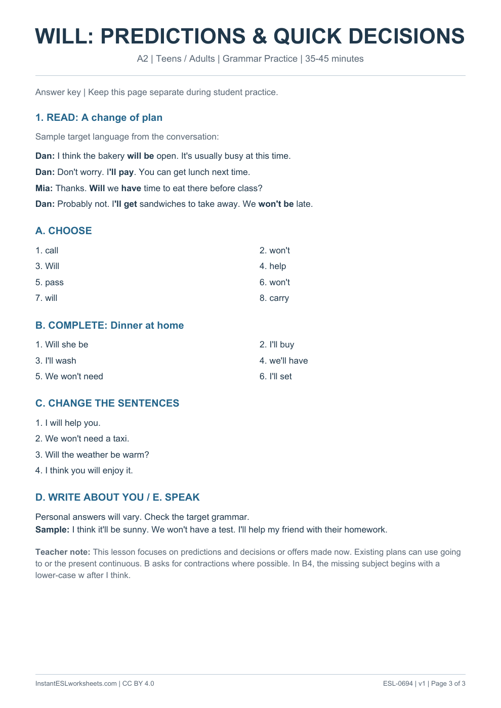 Page 3 of Will Predictions and Quick Decisions - Grammar Practice - answer key