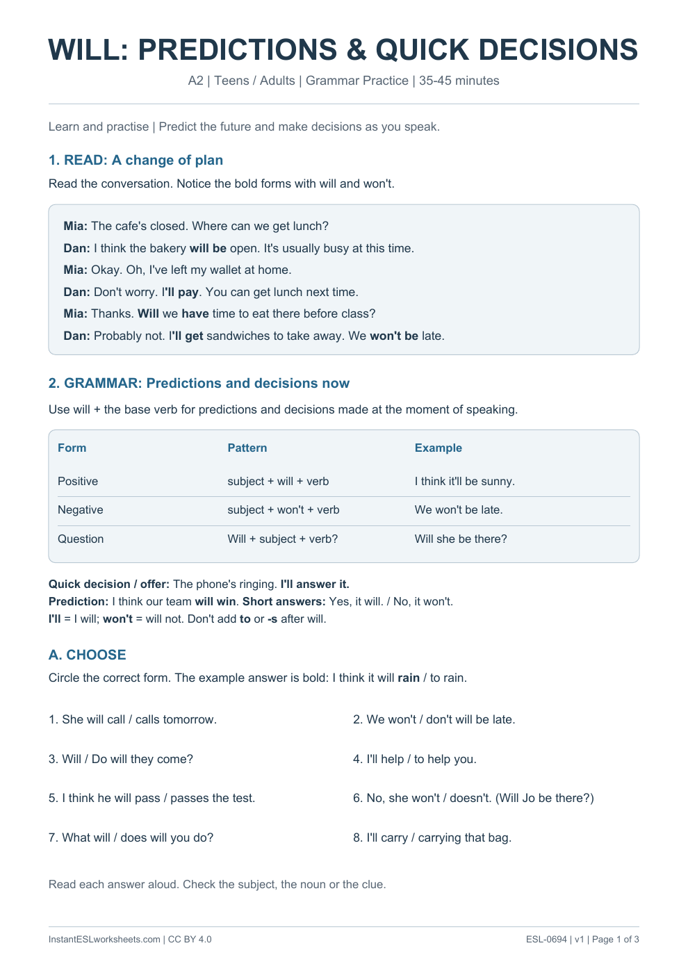 Page 1 of Will Predictions and Quick Decisions - Grammar Practice