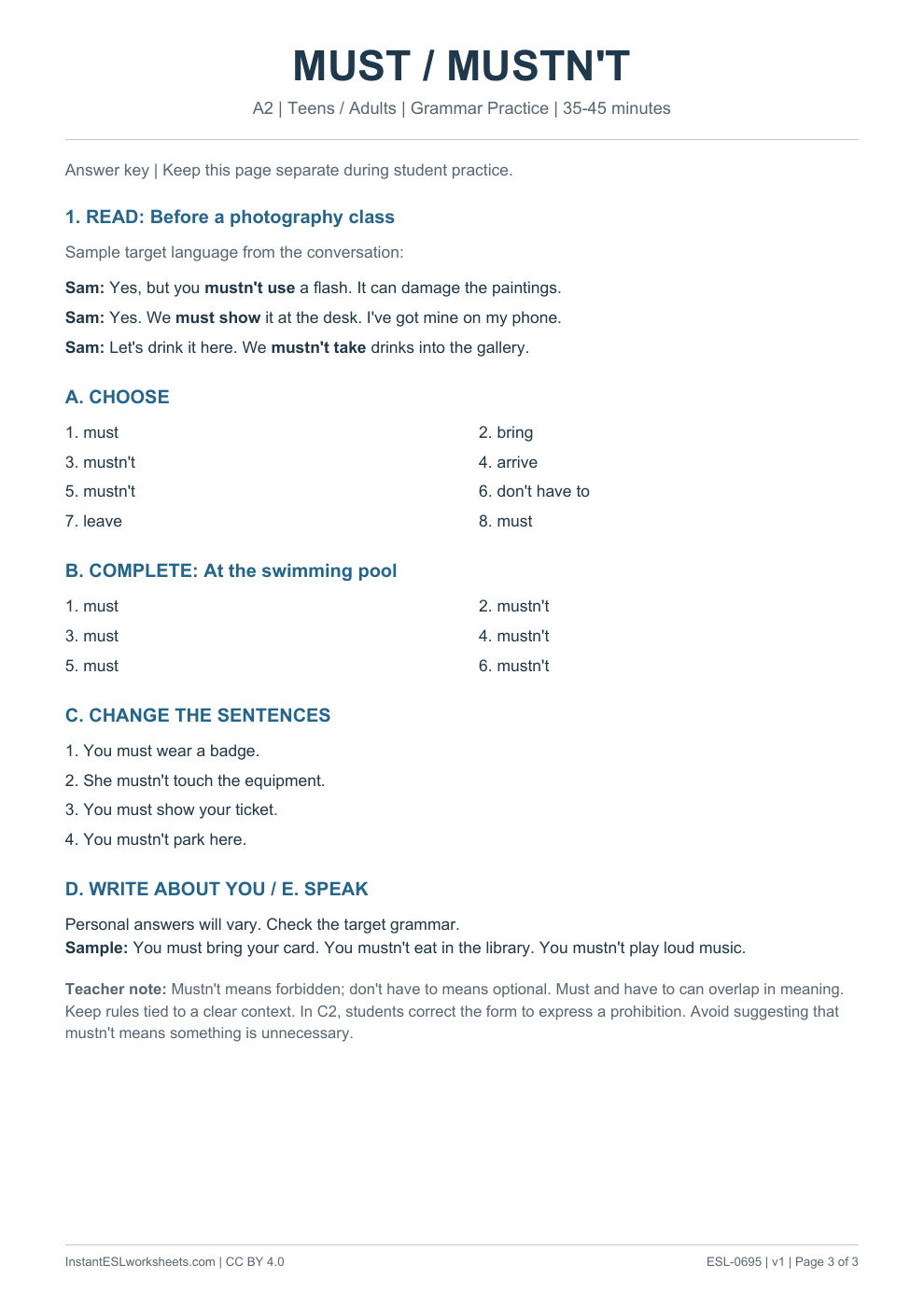 Page 3 of Must / Mustn't - Grammar Practice - answer key