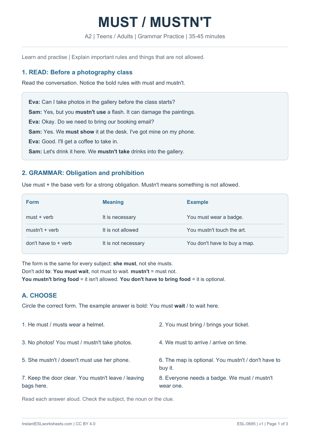 Page 1 of Must / Mustn't - Grammar Practice