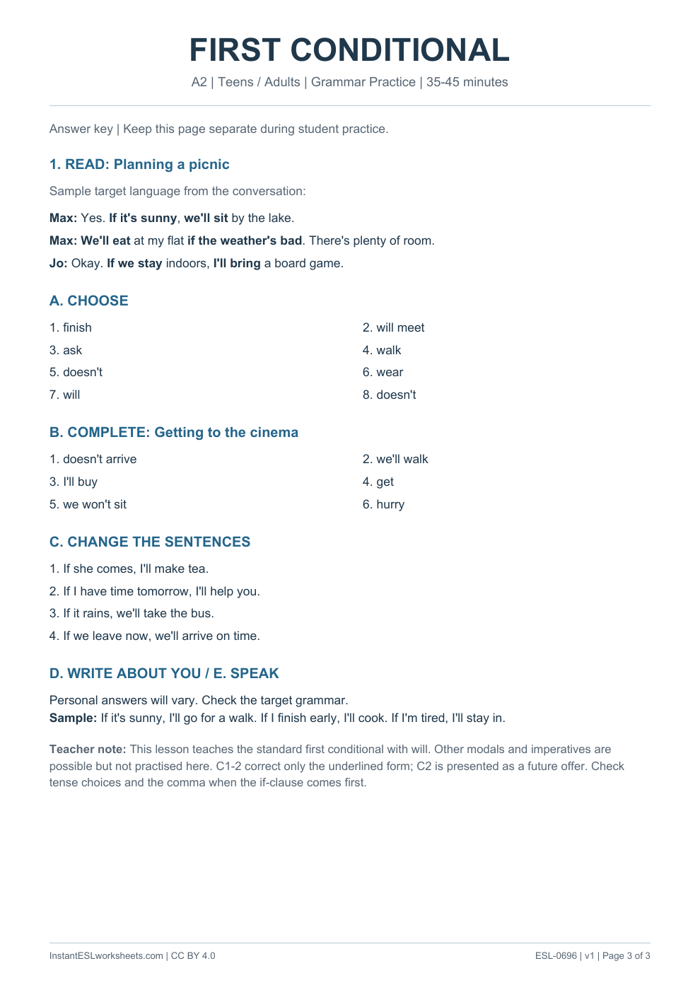 Page 3 of First Conditional - Grammar Practice - answer key