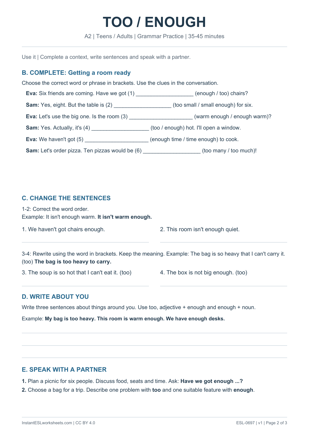Page 2 of Too and Enough - Grammar Practice