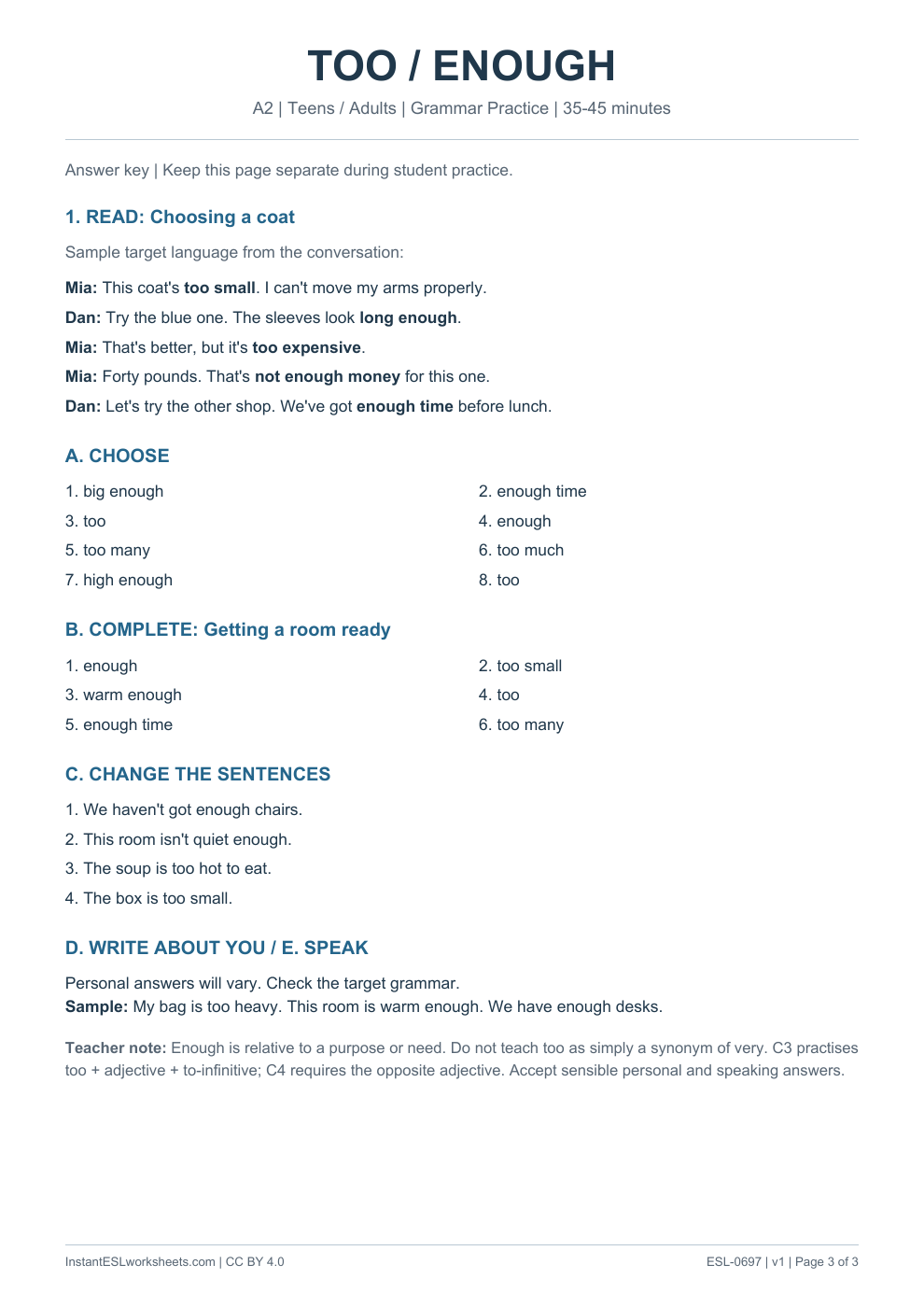 Page 3 of Too and Enough - Grammar Practice - answer key