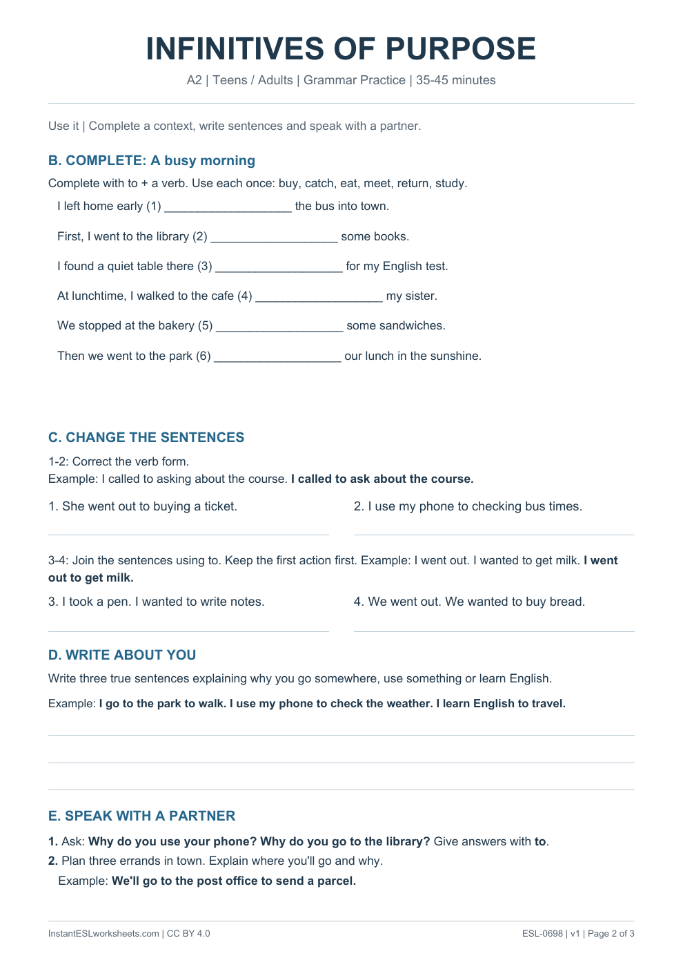 Page 2 of Infinitives of Purpose - Grammar Practice
