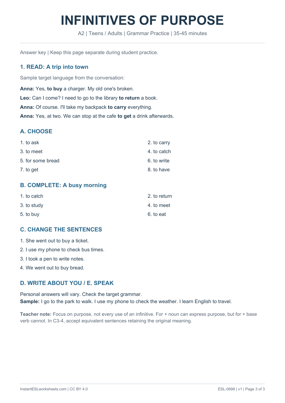 Page 3 of Infinitives of Purpose - Grammar Practice - answer key