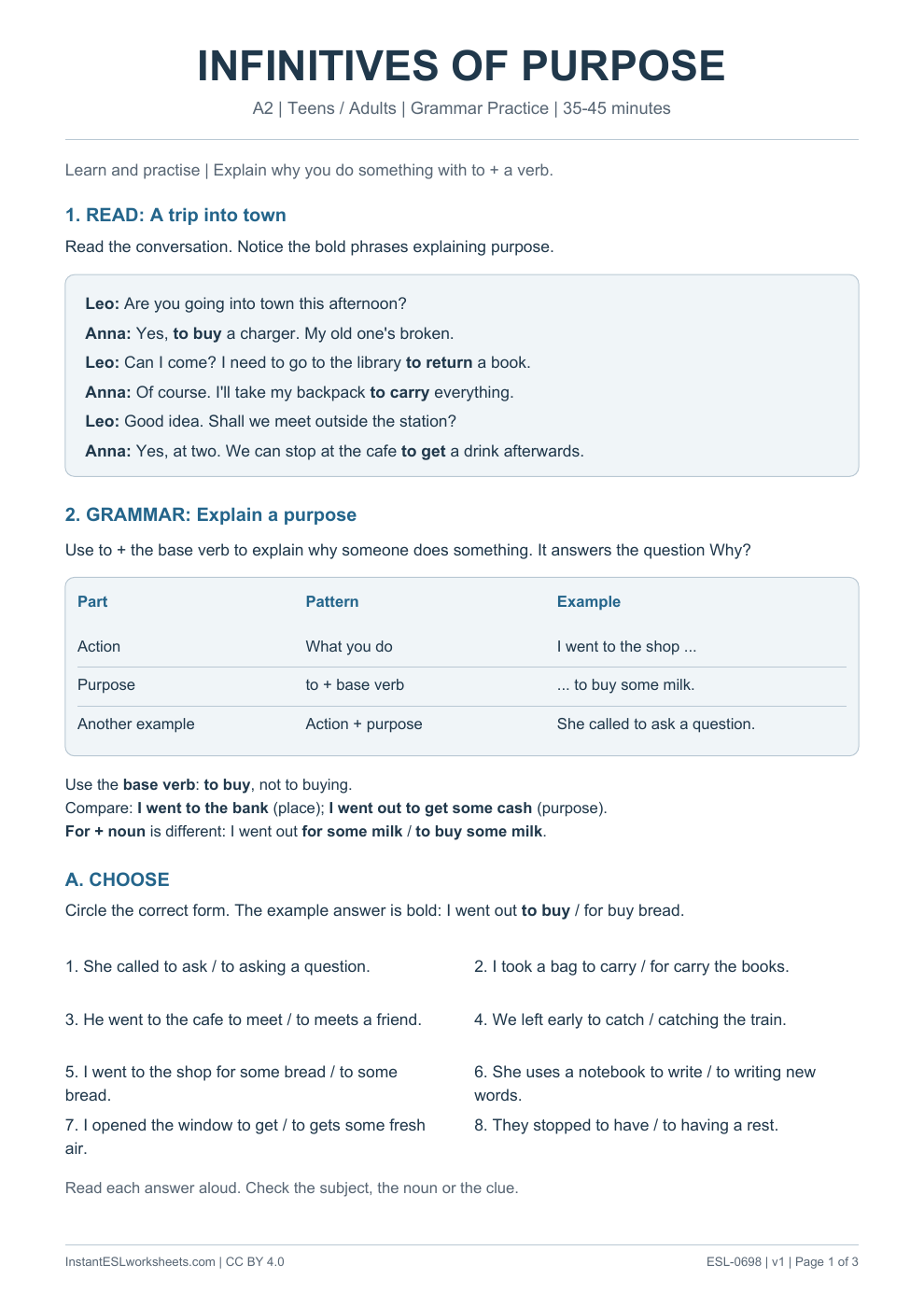 Page 1 of Infinitives of Purpose - Grammar Practice
