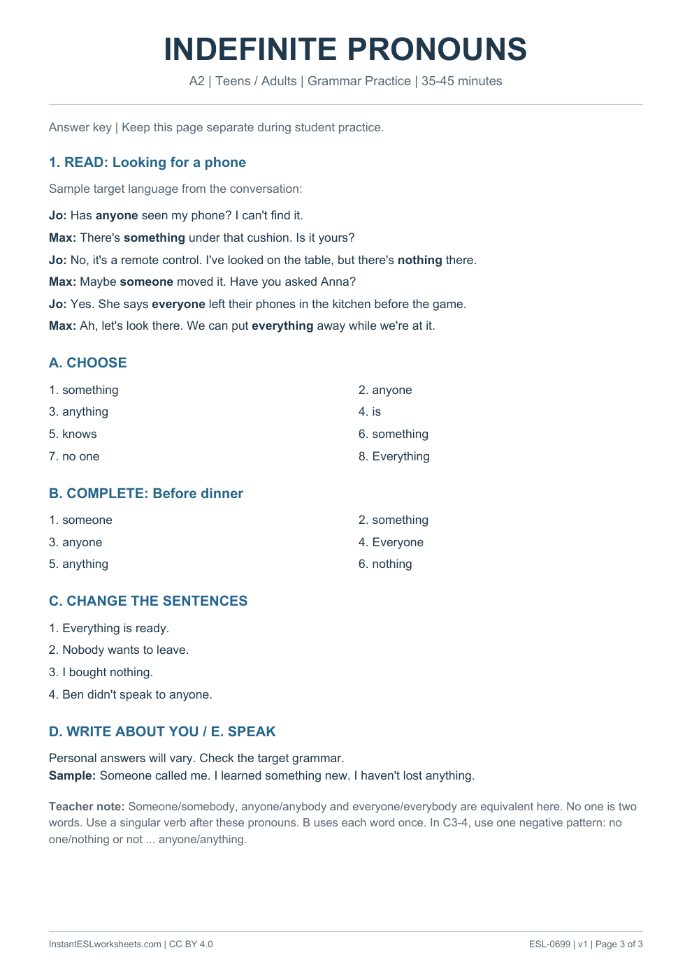 Page 3 of Indefinite Pronouns - Grammar Practice - answer key