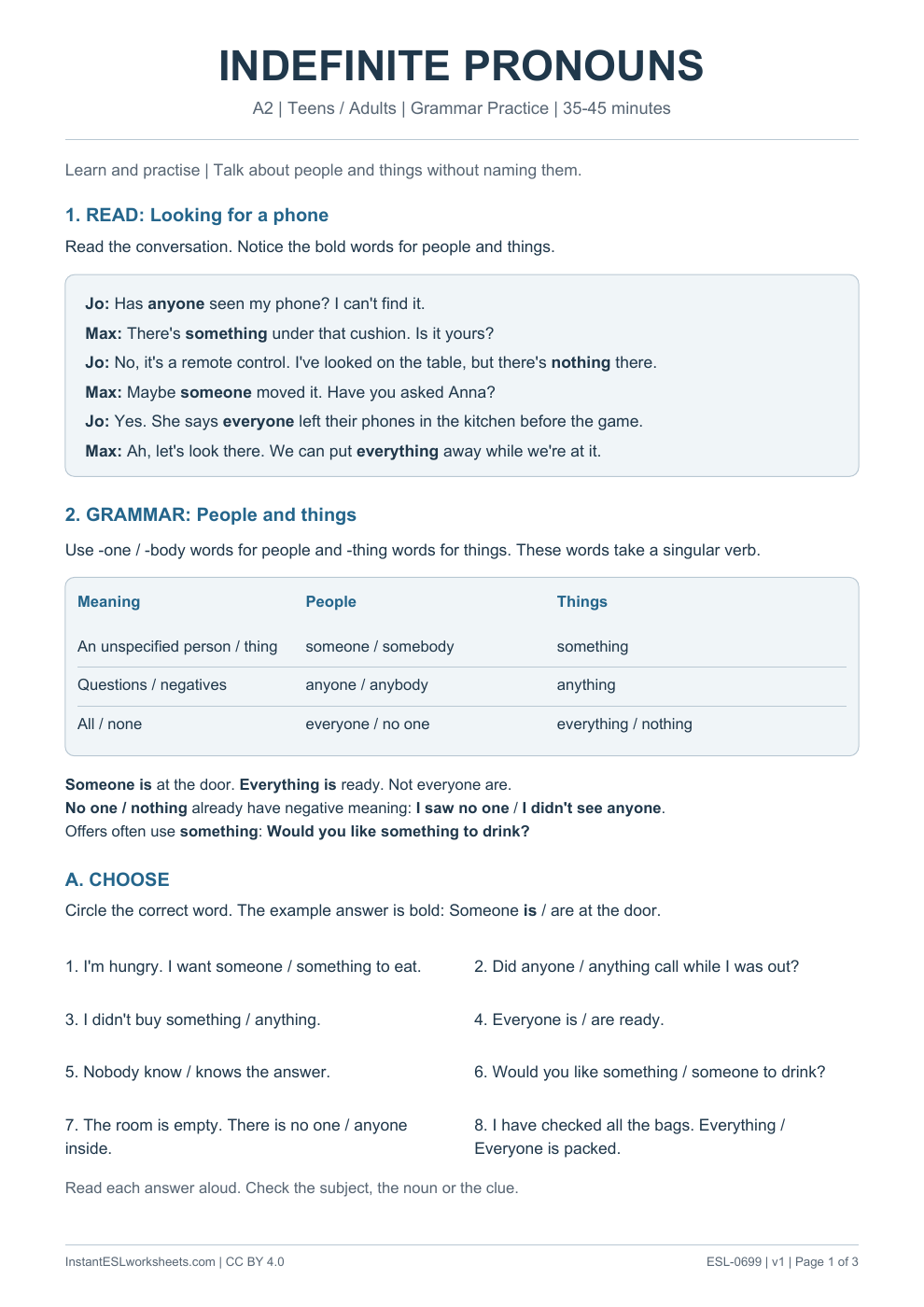 Page 1 of Indefinite Pronouns - Grammar Practice