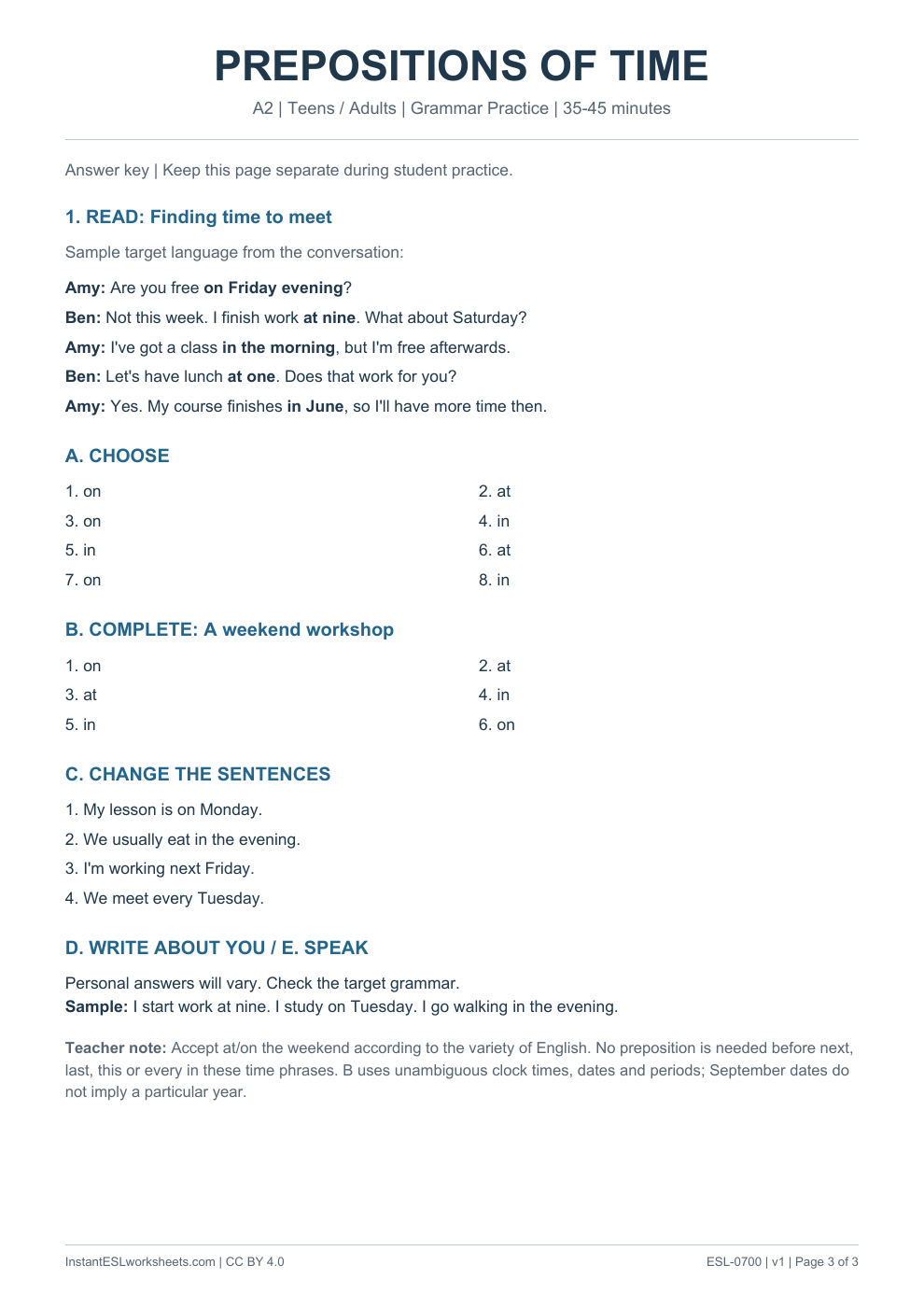 Page 3 of Prepositions of Time - Grammar Practice - answer key