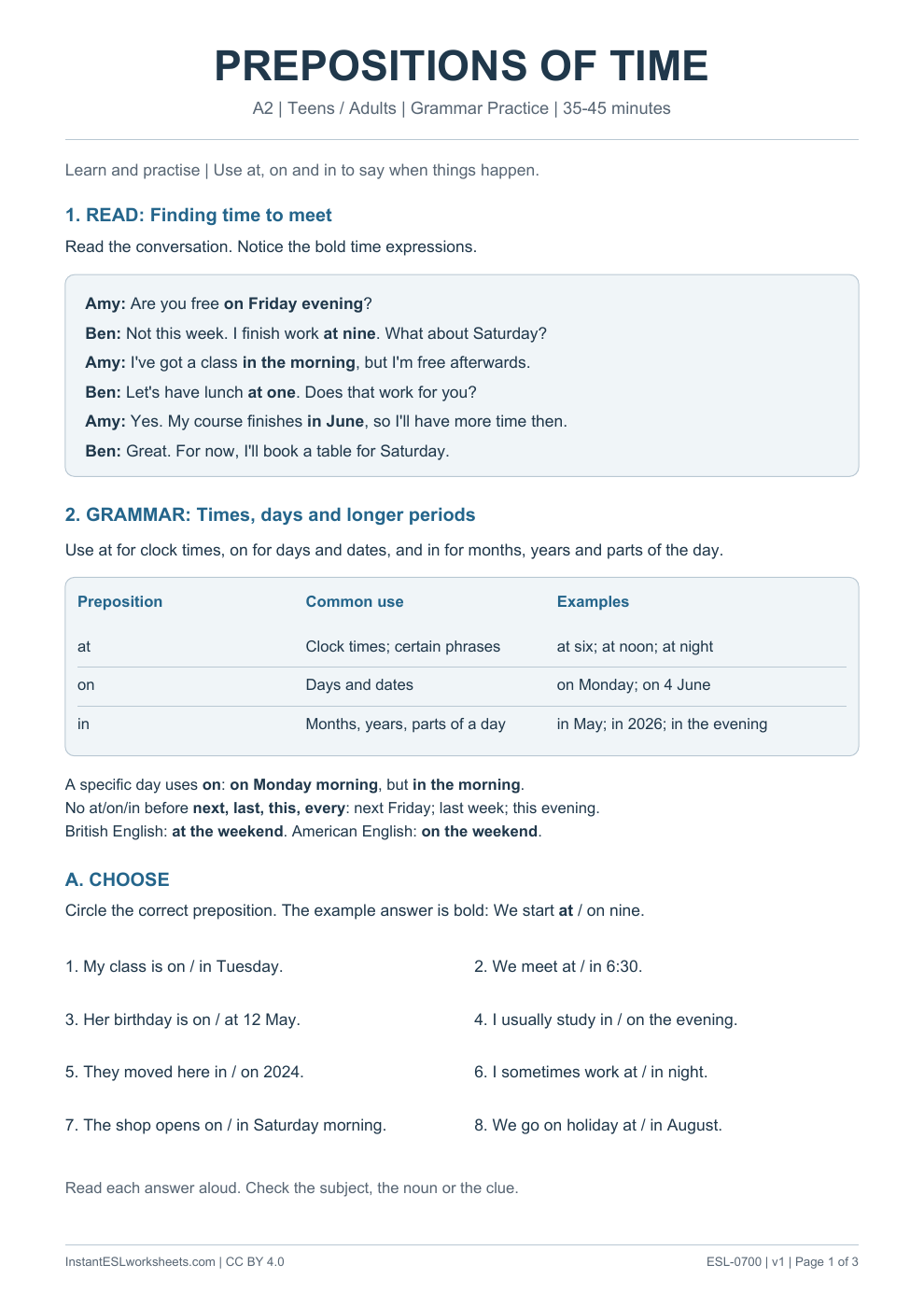 Page 1 of Prepositions of Time - Grammar Practice