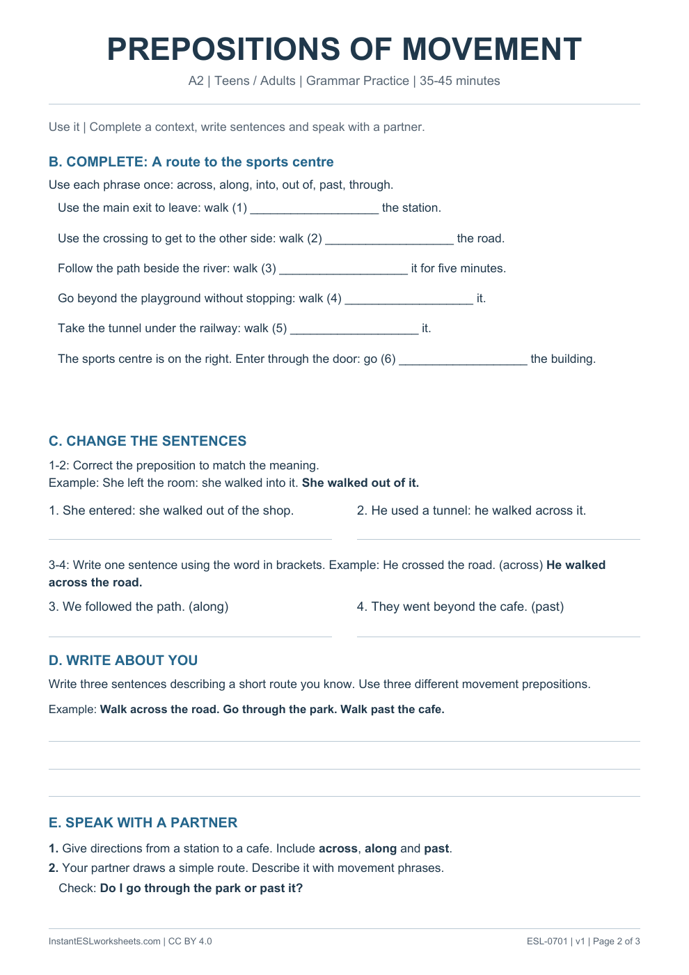 Page 2 of Prepositions of Movement - Grammar Practice