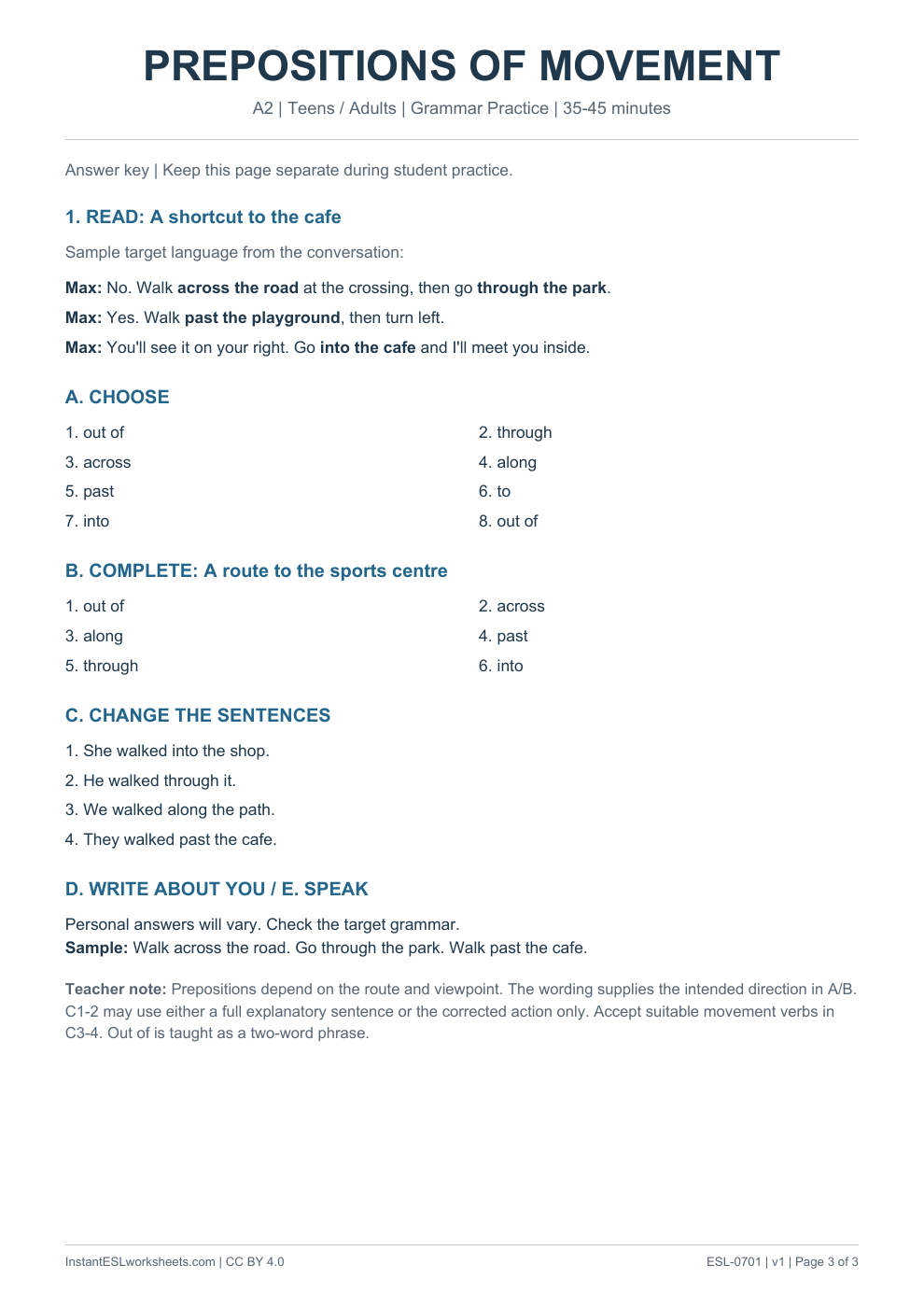 Page 3 of Prepositions of Movement - Grammar Practice - answer key