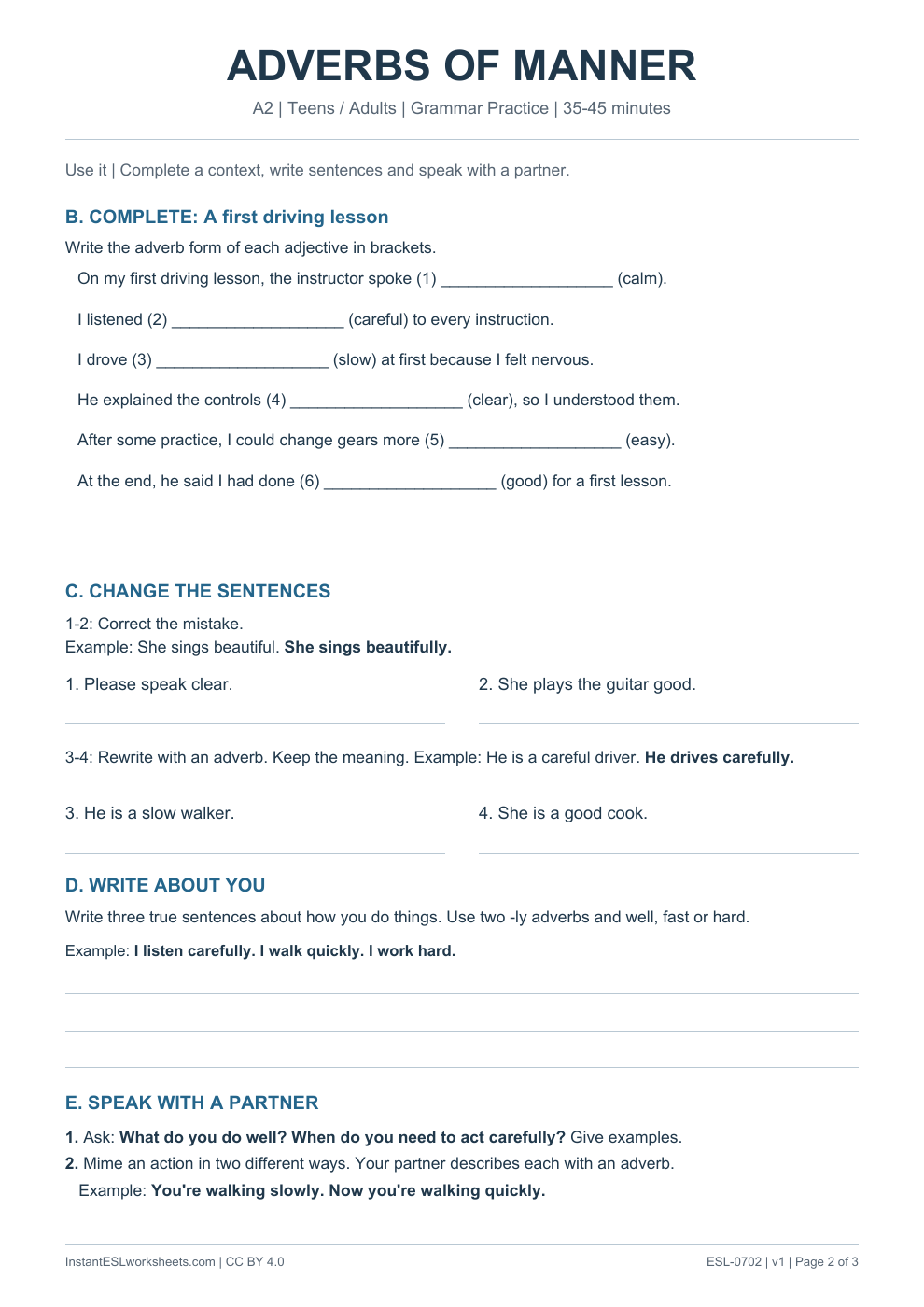 Page 2 of Adverbs of Manner - Grammar Practice