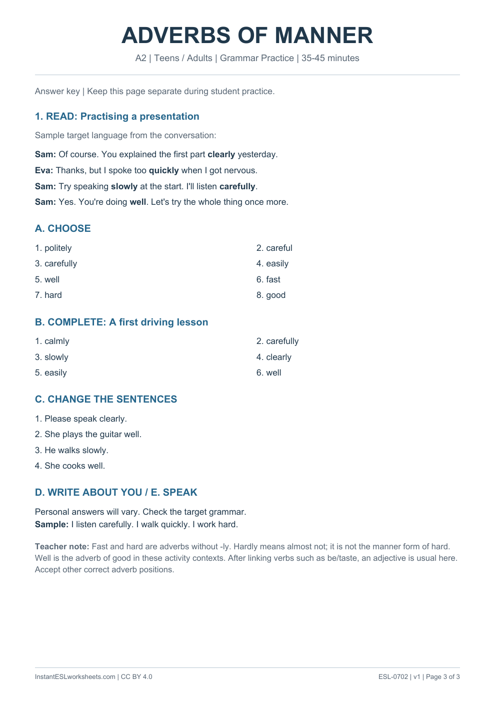 Page 3 of Adverbs of Manner - Grammar Practice - answer key