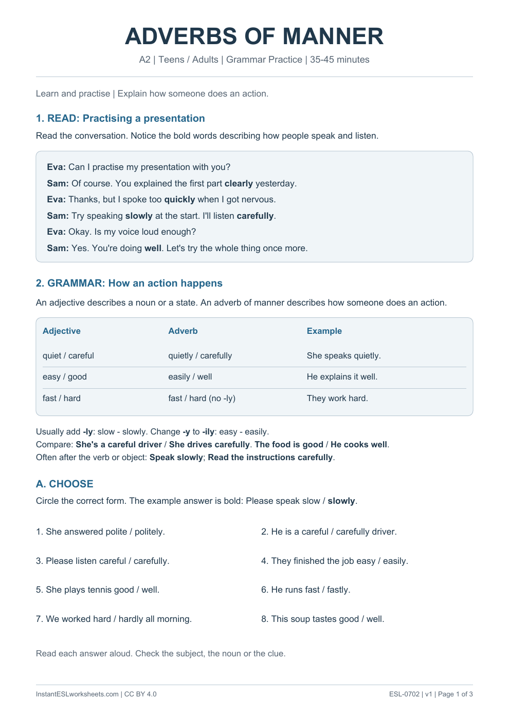 Page 1 of Adverbs of Manner - Grammar Practice