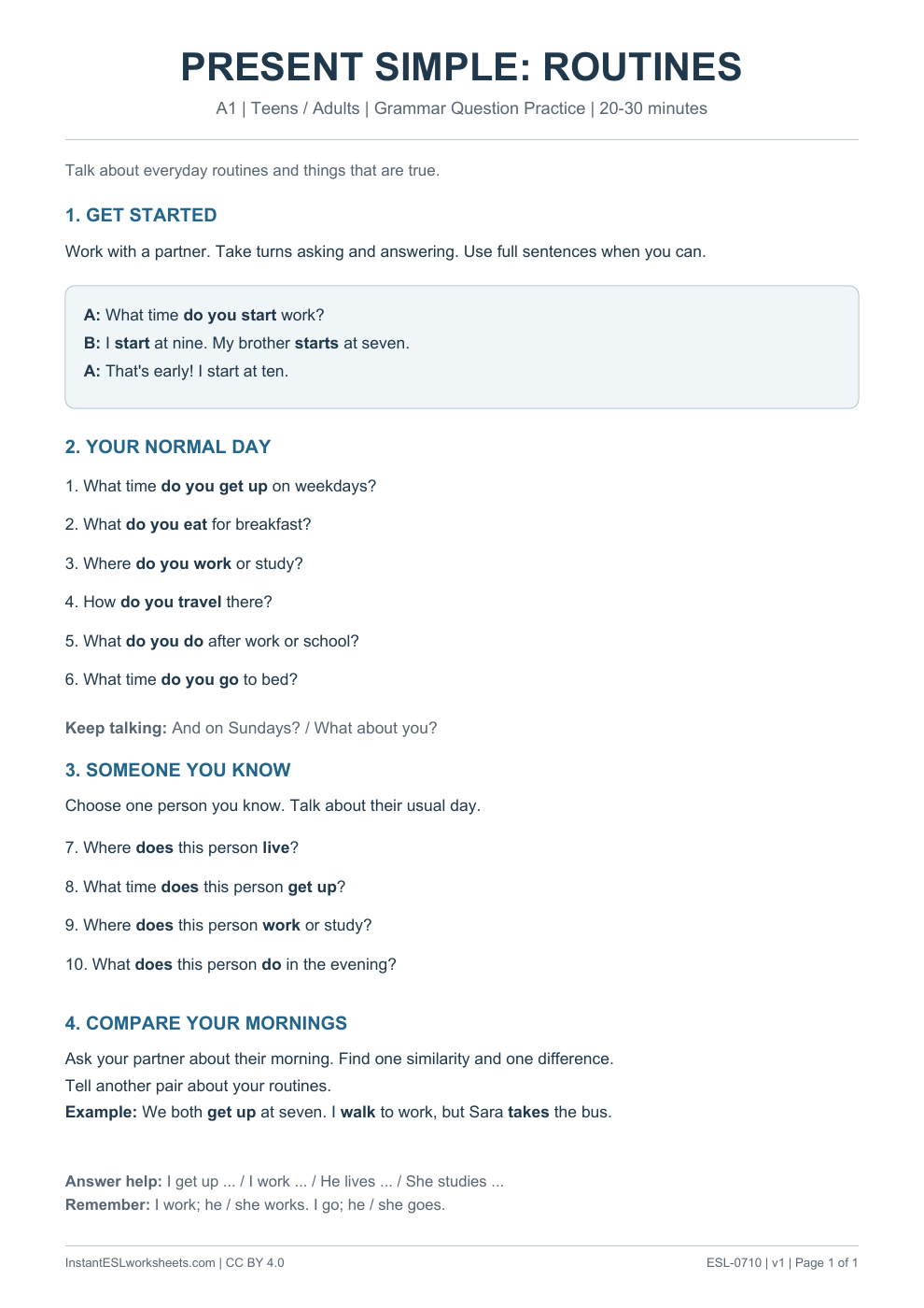 Page 1 of Present Simple Routines and Facts - Grammar Question Practice