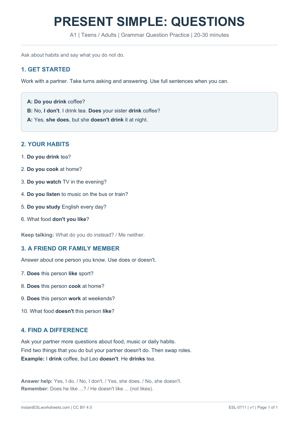 Page 1 of Present Simple Questions and Negatives - Grammar Question Practice