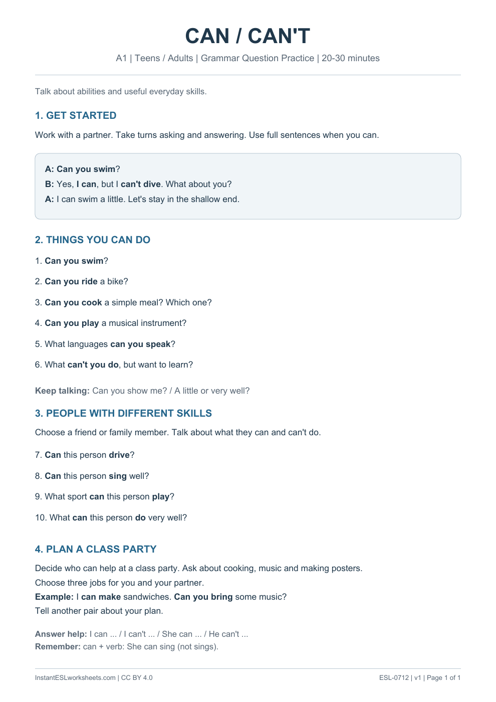 Page 1 of Can / Can't - Grammar Question Practice