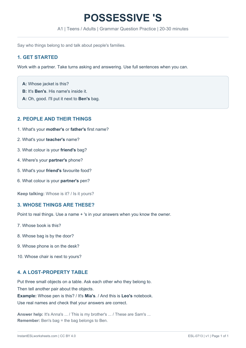 Page 1 of Possessive 's - Grammar Question Practice