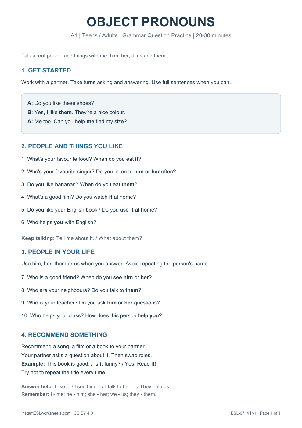 Page 1 of Object Pronouns - Grammar Question Practice