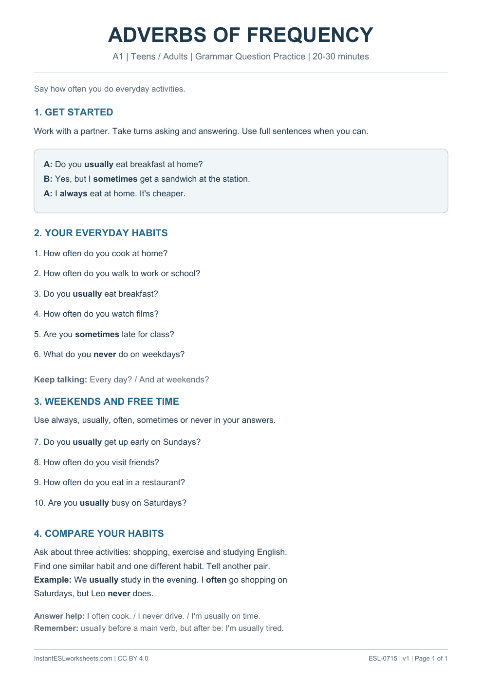 Page 1 of Adverbs of Frequency - Grammar Question Practice