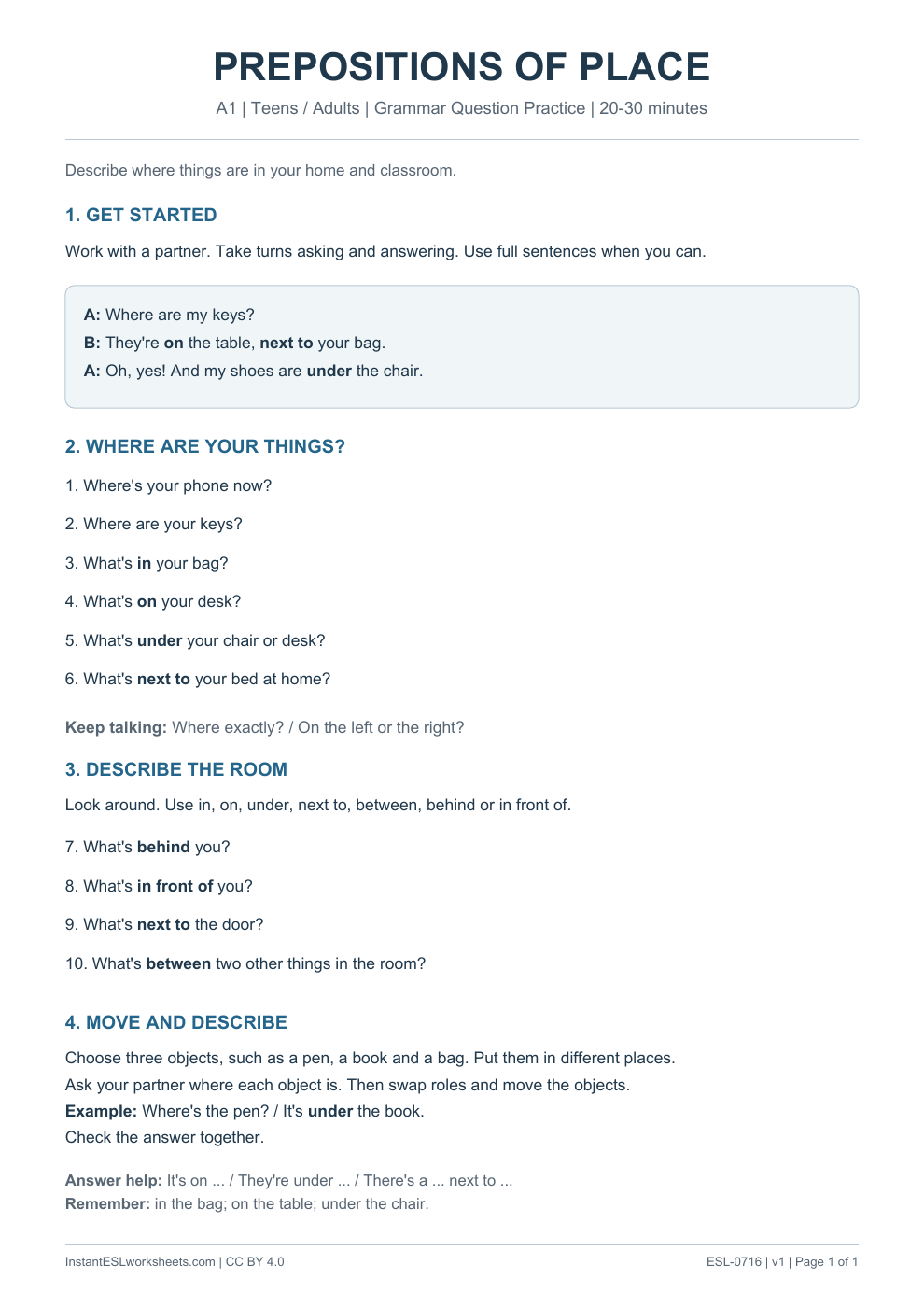 Page 1 of Prepositions of Place - Grammar Question Practice