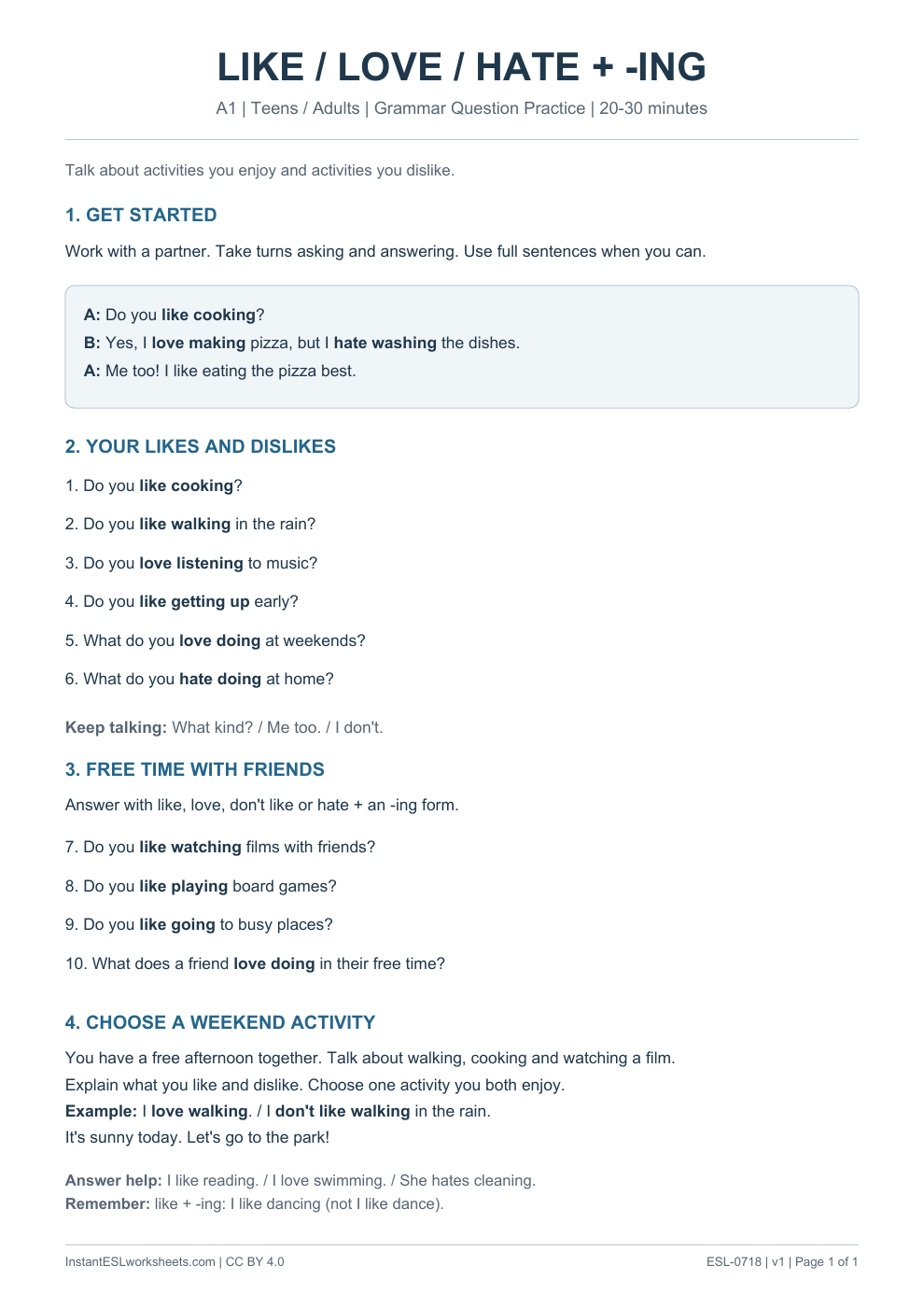 Page 1 of Like, Love and Hate + -ing - Grammar Question Practice