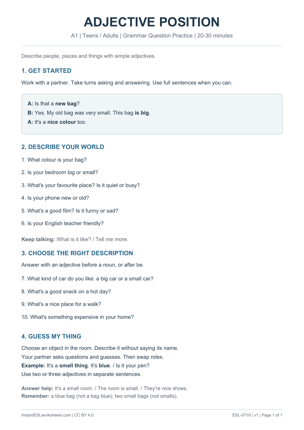Page 1 of Basic Adjective Position - Grammar Question Practice