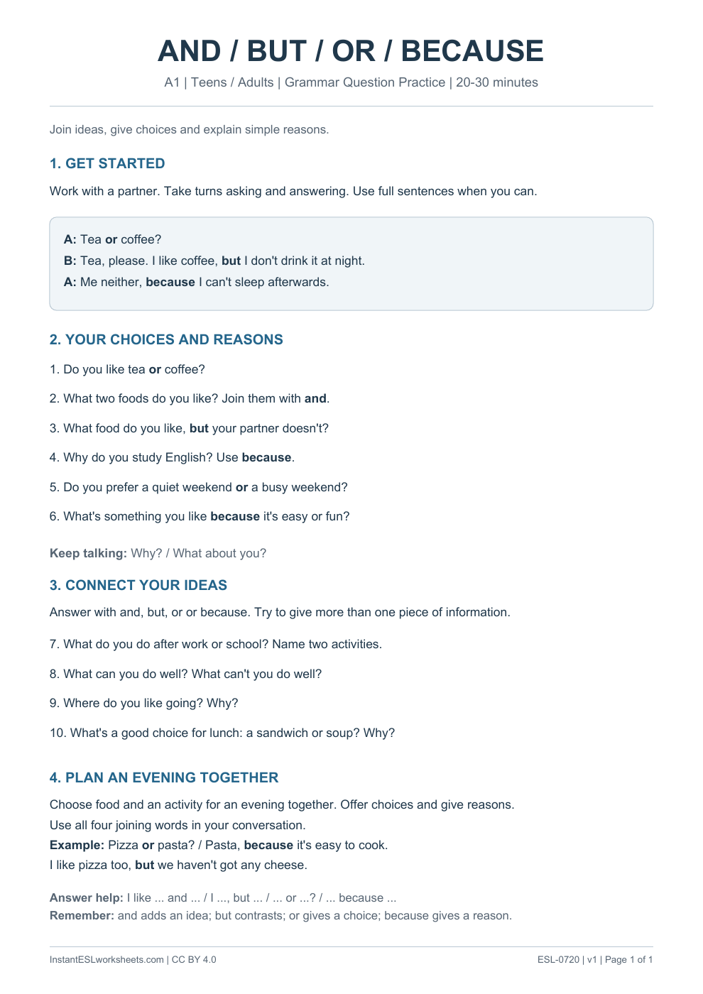Page 1 of And But Or Because - Grammar Question Practice