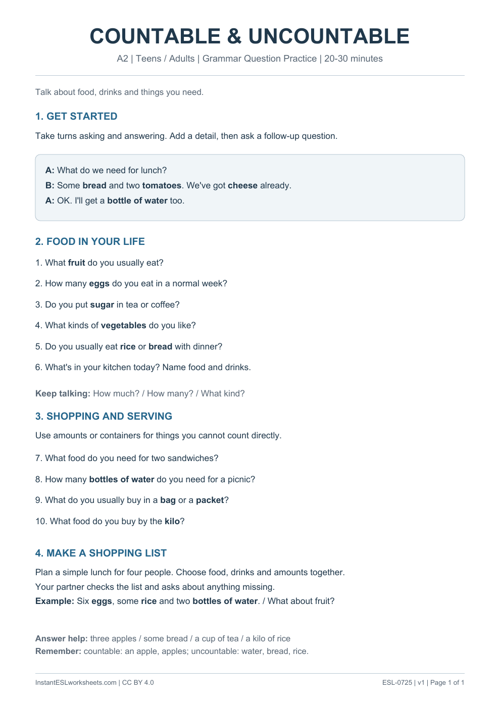 Page 1 of Countable and Uncountable Nouns - Grammar Question Practice