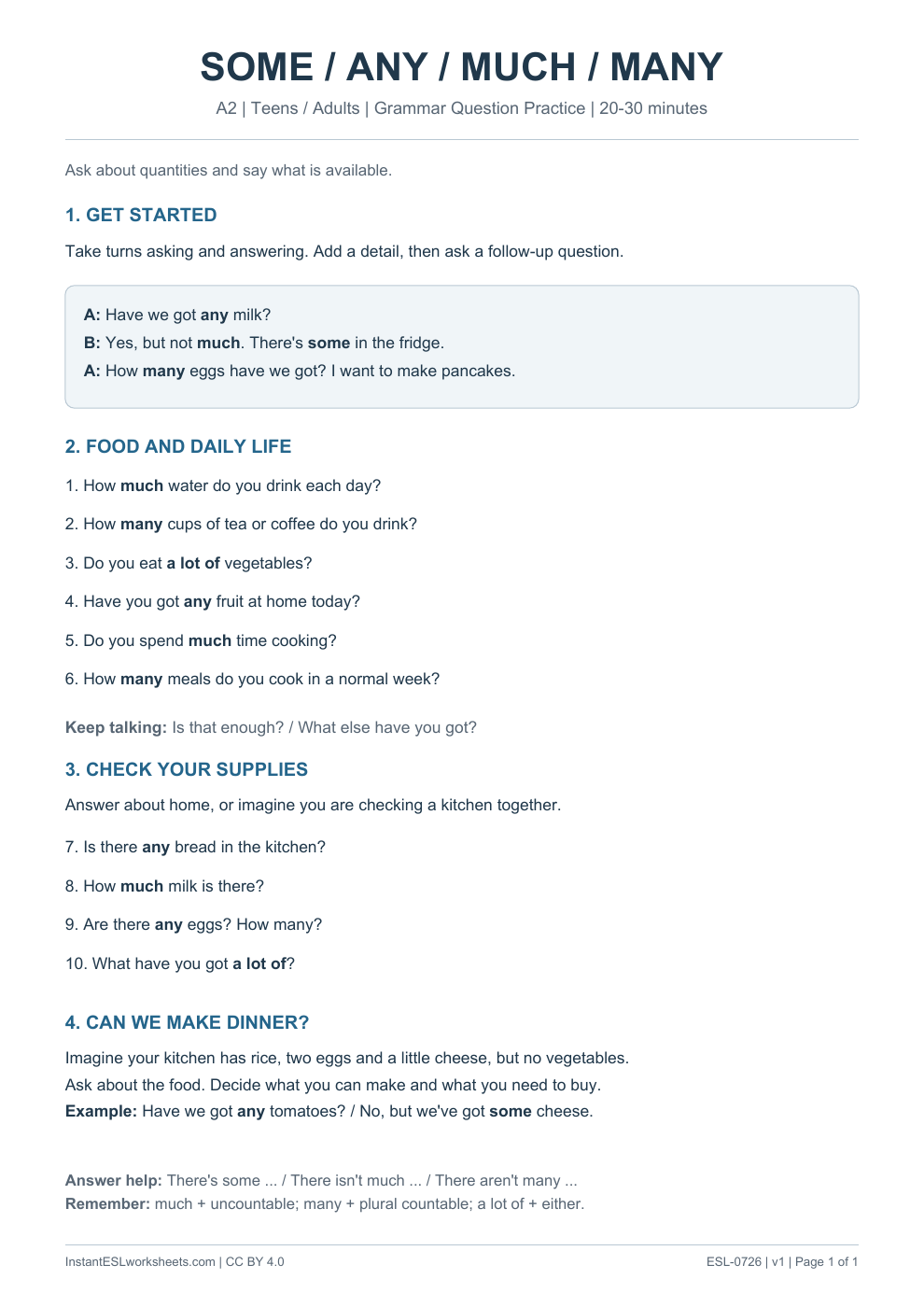 Page 1 of Some Any Much Many A Lot of - Grammar Question Practice