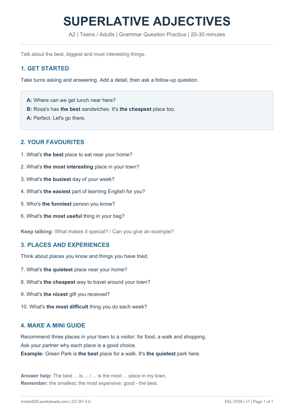 Page 1 of Superlative Adjectives - Grammar Question Practice