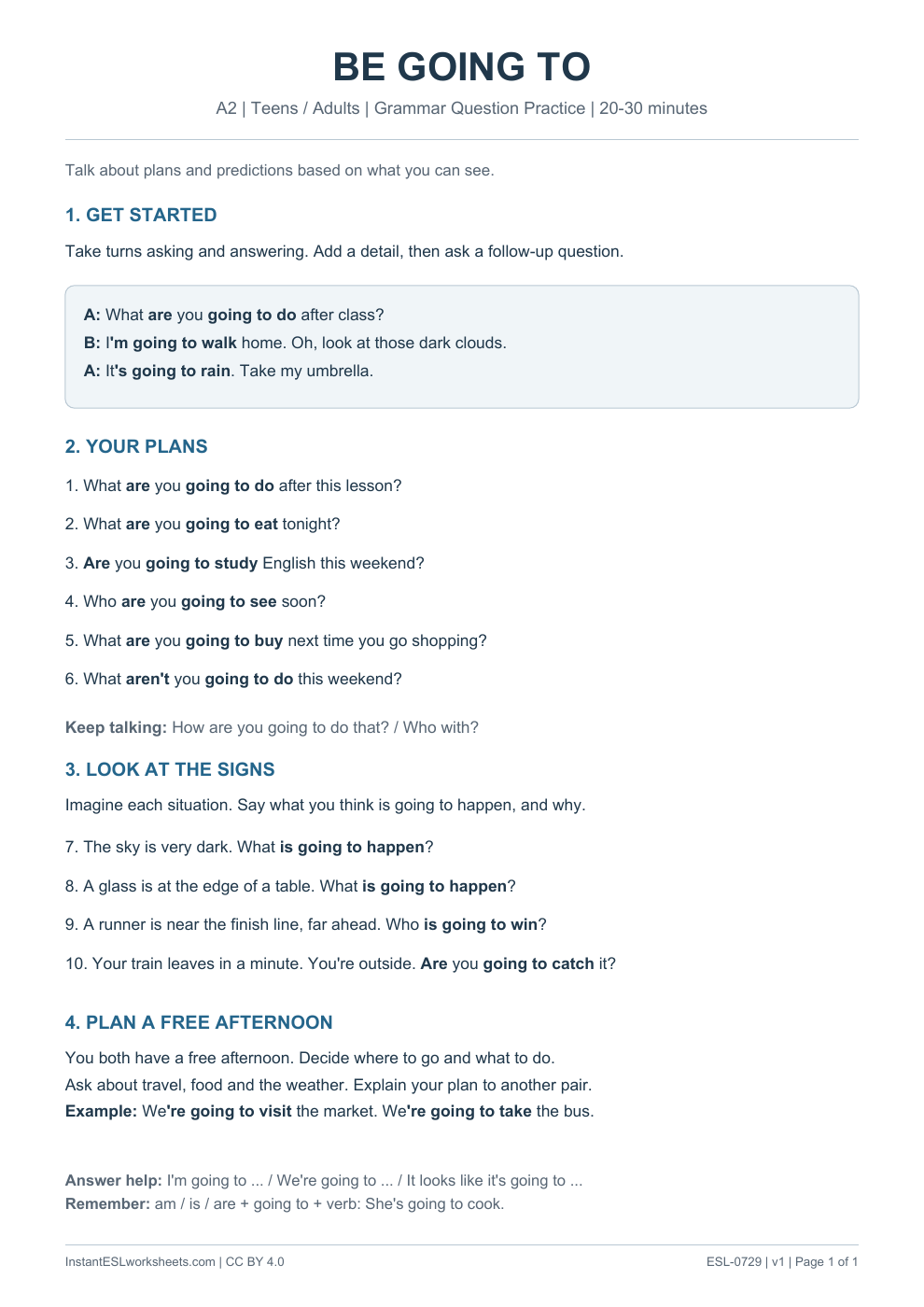 Page 1 of Be Going To Plans and Predictions - Grammar Question Practice