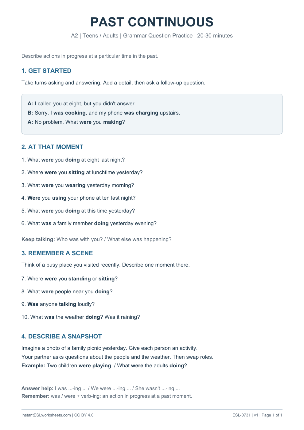 Page 1 of Past Continuous - Grammar Question Practice
