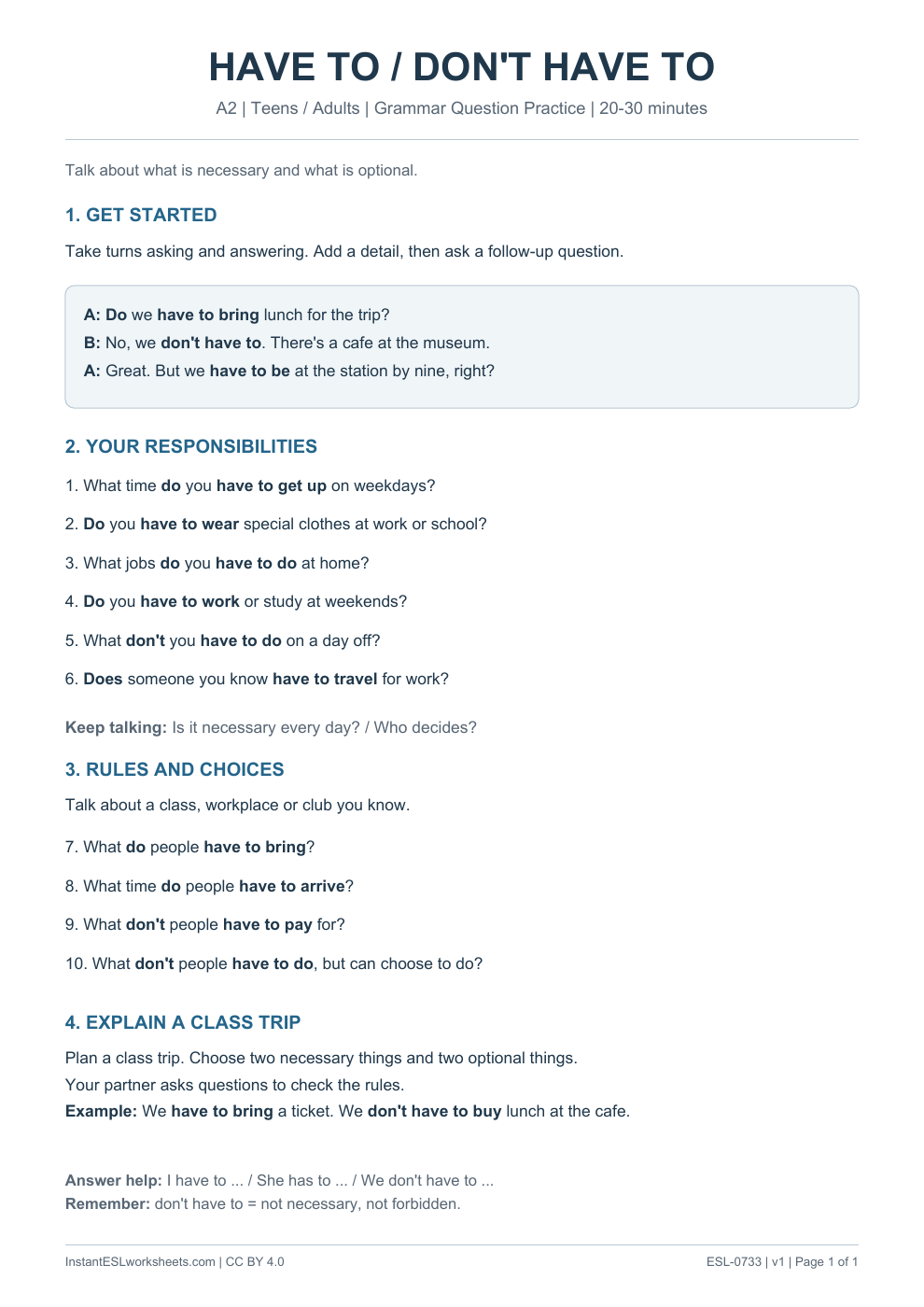 Page 1 of Have To / Don't Have To - Grammar Question Practice
