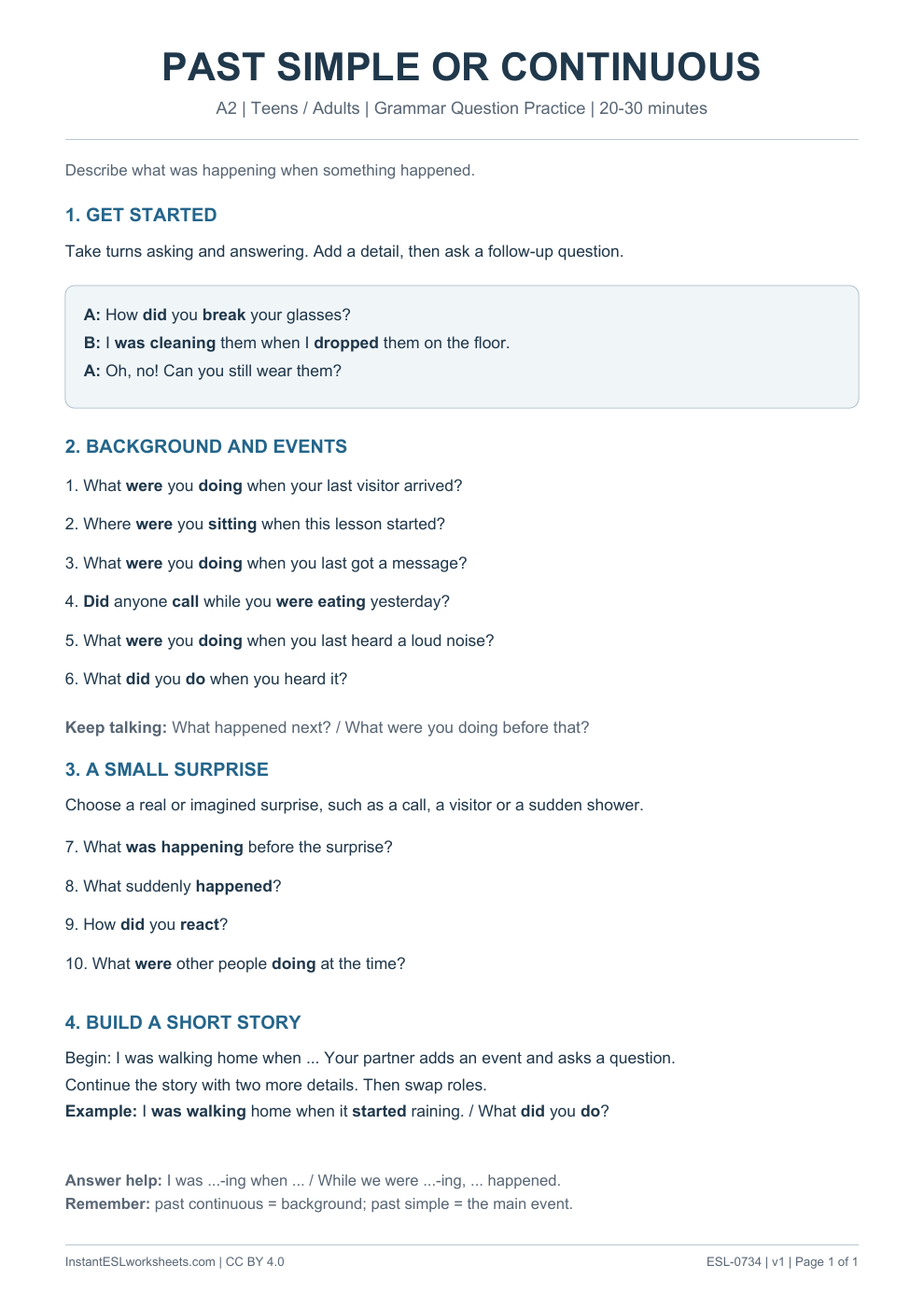 Page 1 of Past Simple or Past Continuous - Grammar Question Practice
