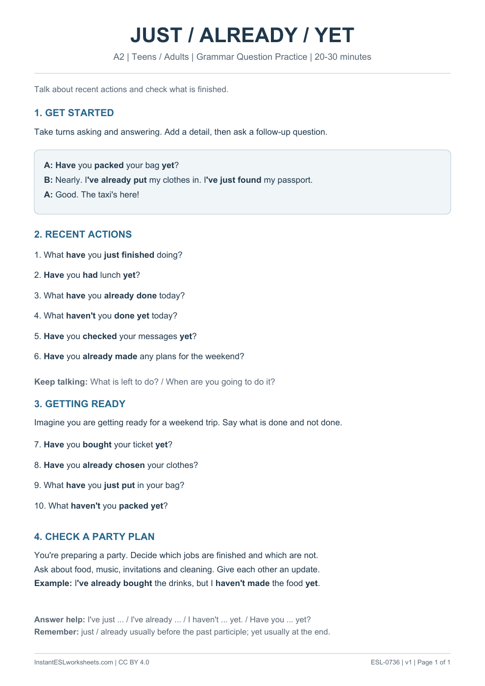 Page 1 of Present Perfect Just Already Yet - Grammar Question Practice