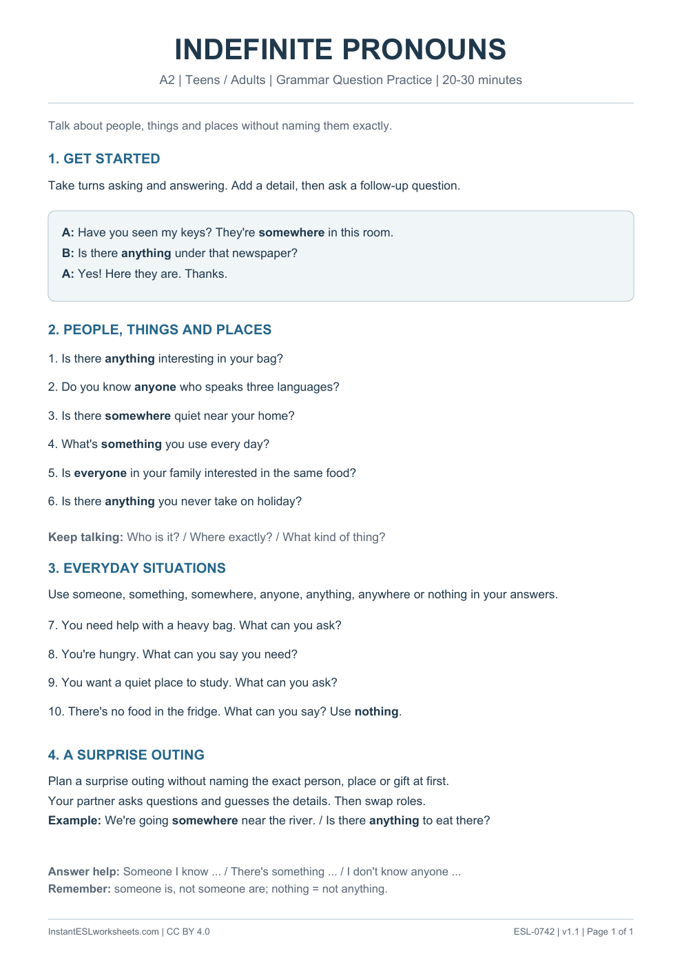 Page 1 of Indefinite Pronouns - Grammar Question Practice