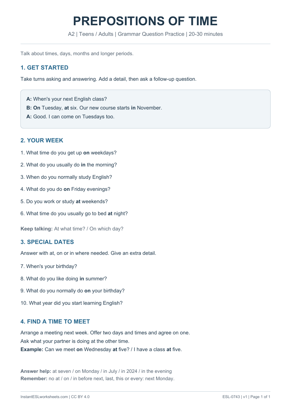 Page 1 of Prepositions of Time - Grammar Question Practice