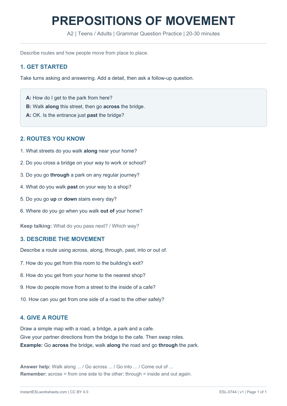 Page 1 of Prepositions of Movement - Grammar Question Practice