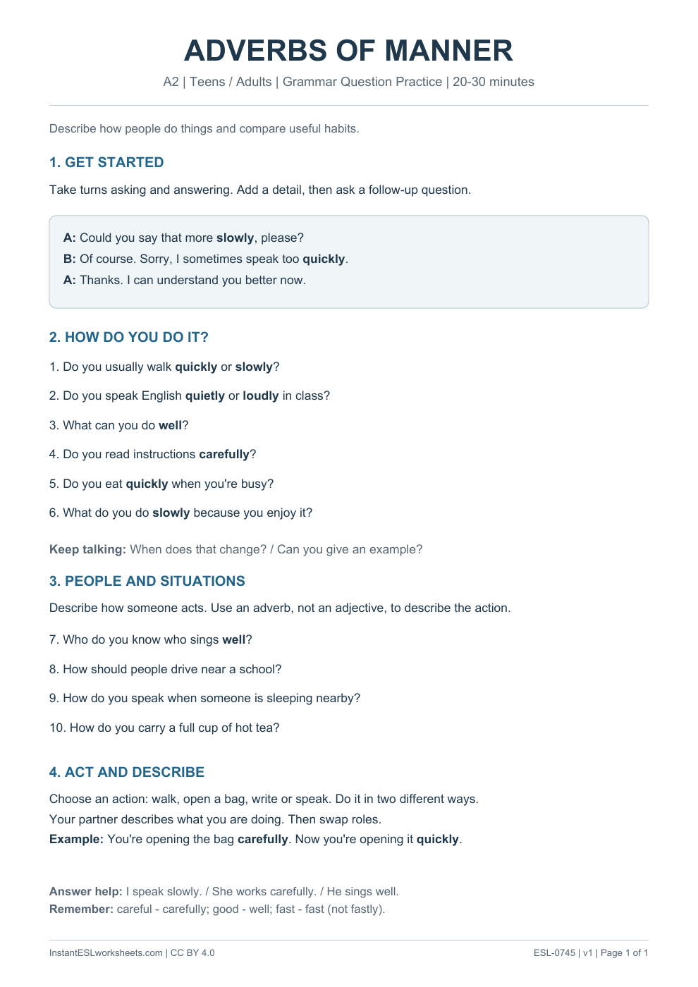 Page 1 of Adverbs of Manner - Grammar Question Practice