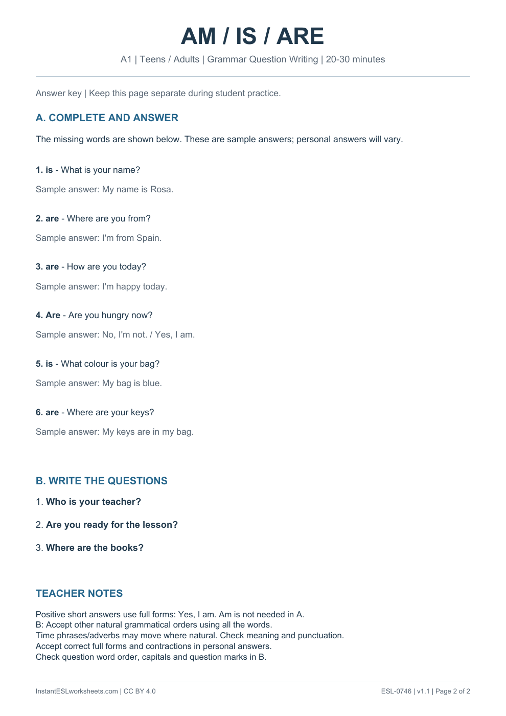 Page 2 of Am / Is / Are - Grammar Question Writing - answer key