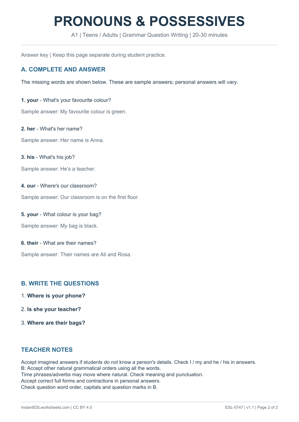 Page 2 of Subject Pronouns and Possessive Adjectives - Grammar Question Writing - answer key