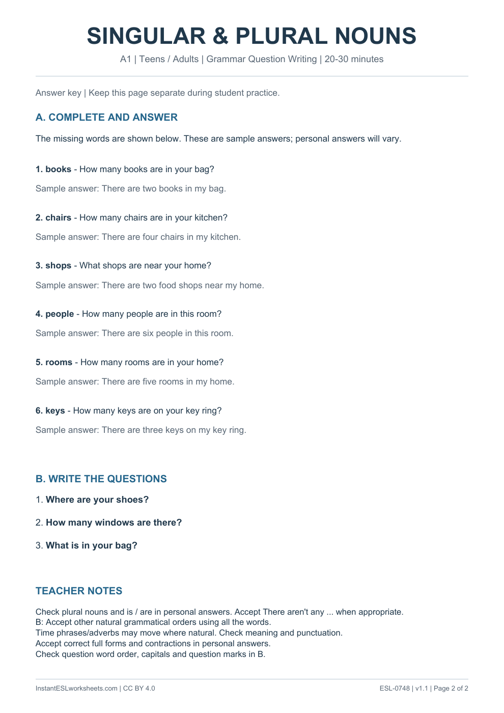 Page 2 of Singular and Plural Nouns - Grammar Question Writing - answer key