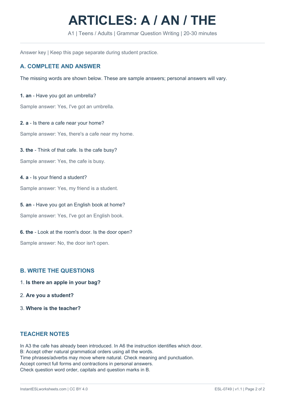 Page 2 of Articles A An The - Grammar Question Writing - answer key