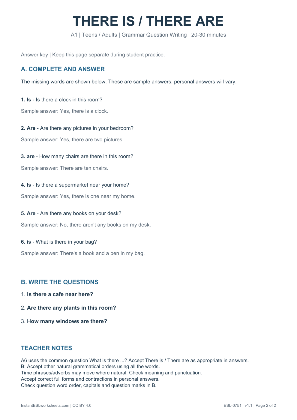 Page 2 of There Is There Are - Grammar Question Writing - answer key