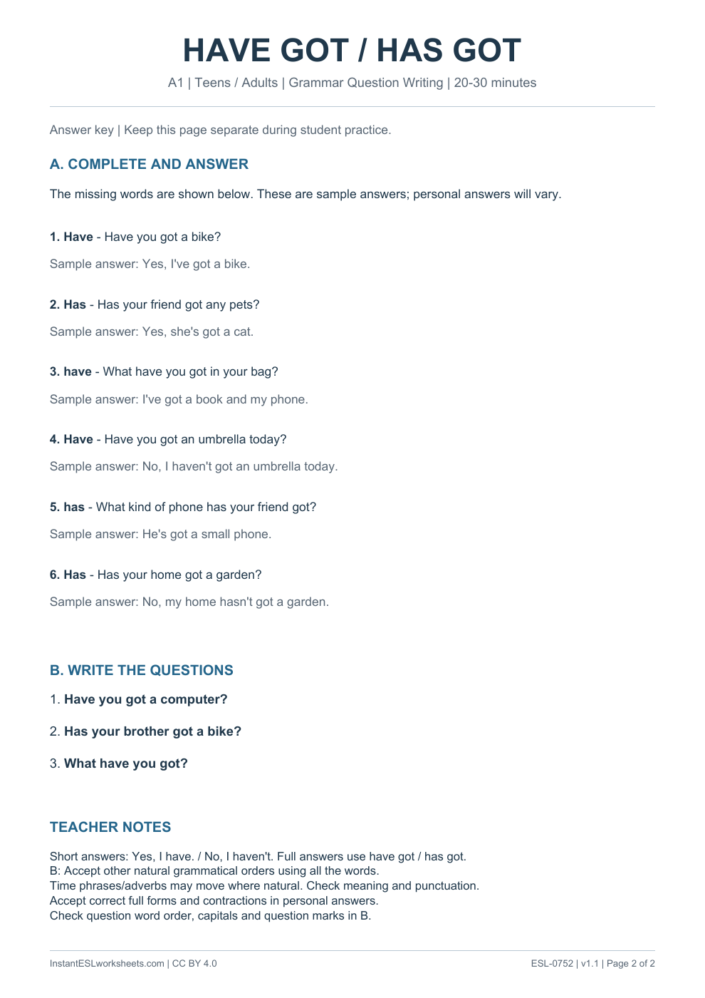 Page 2 of Have Got Has Got - Grammar Question Writing - answer key