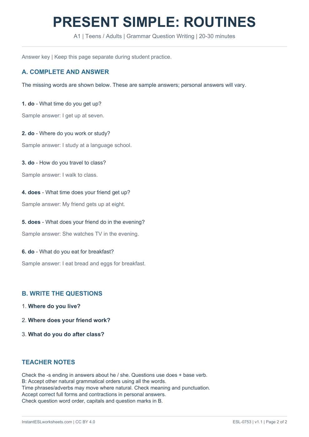 Page 2 of Present Simple Routines and Facts - Grammar Question Writing - answer key