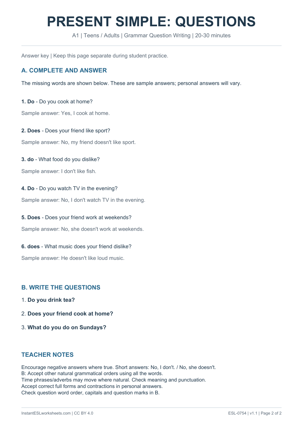 Page 2 of Present Simple Questions and Negatives - Grammar Question Writing - answer key