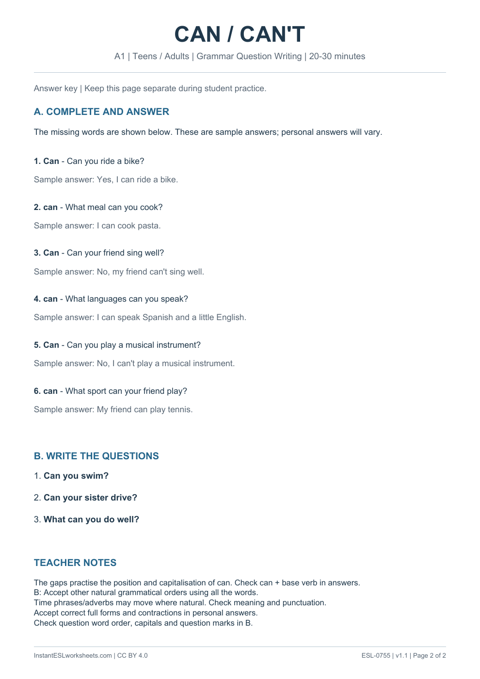 Page 2 of Can / Can't - Grammar Question Writing - answer key